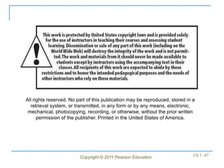 Copyright © 2011 Pearson Education Ch 1 -47
All rights reserved. No part of this publication may be reproduced, stored in a
retrieval system, or transmitted, in any form or by any means, electronic,
mechanical, photocopying, recording, or otherwise, without the prior written
permission of the publisher. Printed in the United States of America.
 