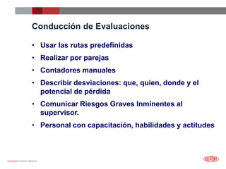 12/25/2023 DUPONT MÉXICO
• Usar las rutas predefinidas
• Realizar por parejas
• Contadores manuales
• Describir desviaciones: que, quien, donde y el
potencial de pérdida
• Comunicar Riesgos Graves Inminentes al
supervisor.
• Personal con capacitación, habilidades y actitudes
Conducción de Evaluaciones
 