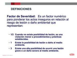 12/25/2023 DUPONT MÉXICO
DEFINICIONES
Factor de Severidad: Es un factor numérico
para ponderar los actos inseguros en relación al
riesgo de lesión o daño ambiental que
representan:
• 1/3 Cuando no existe posibilidad de lesión, es una
violación menor a procedimientos y prácticas
establecidas.
• 1 Existe la posibilidad de lesión o daño al medio
ambiente.
• 3 Existe una alta posibilidad de ocurrir una lesión
grave o un daño severo al medio ambiente.
 