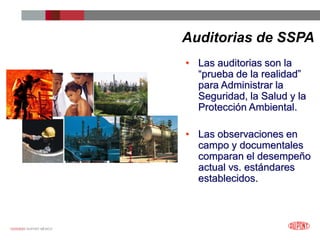 12/25/2023 DUPONT MÉXICO
Auditorias de SSPA
• Las auditorias son la
“prueba de la realidad”
para Administrar la
Seguridad, la Salud y la
Protección Ambiental.
• Las observaciones en
campo y documentales
comparan el desempeño
actual vs. estándares
establecidos.
 