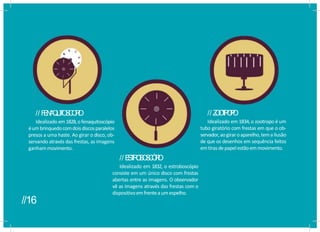 // F
E
N
A
Q
U
I
T
O
S
C
Ó
P
I
O
Idealizado em1828,ofenaquitoscópio
éumbrinquedocomdoisdiscosparalelos
presos a uma haste. Ao girar o disco, ob-
servando através das frestas, as imagens
ganhammovimento.
// E
S
T
R
O
B
O
S
C
Ó
P
I
O
Idealizado em 1832, o estroboscópio
consiste em um único disco com frestas
abertas entre as imagens. O observador
vê as imagens através das frestas com o
dispositivoemfrenteaumespelho.
// Z
O
O
T
R
O
P
O
Idealizado em 1834, o zootropo é um
tubo giratório com frestas em que o ob-
servador,aogiraroaparelho,temailusão
de que os desenhos em sequência feitos
emtirasdepapelestãoemmovimento.
//16
 