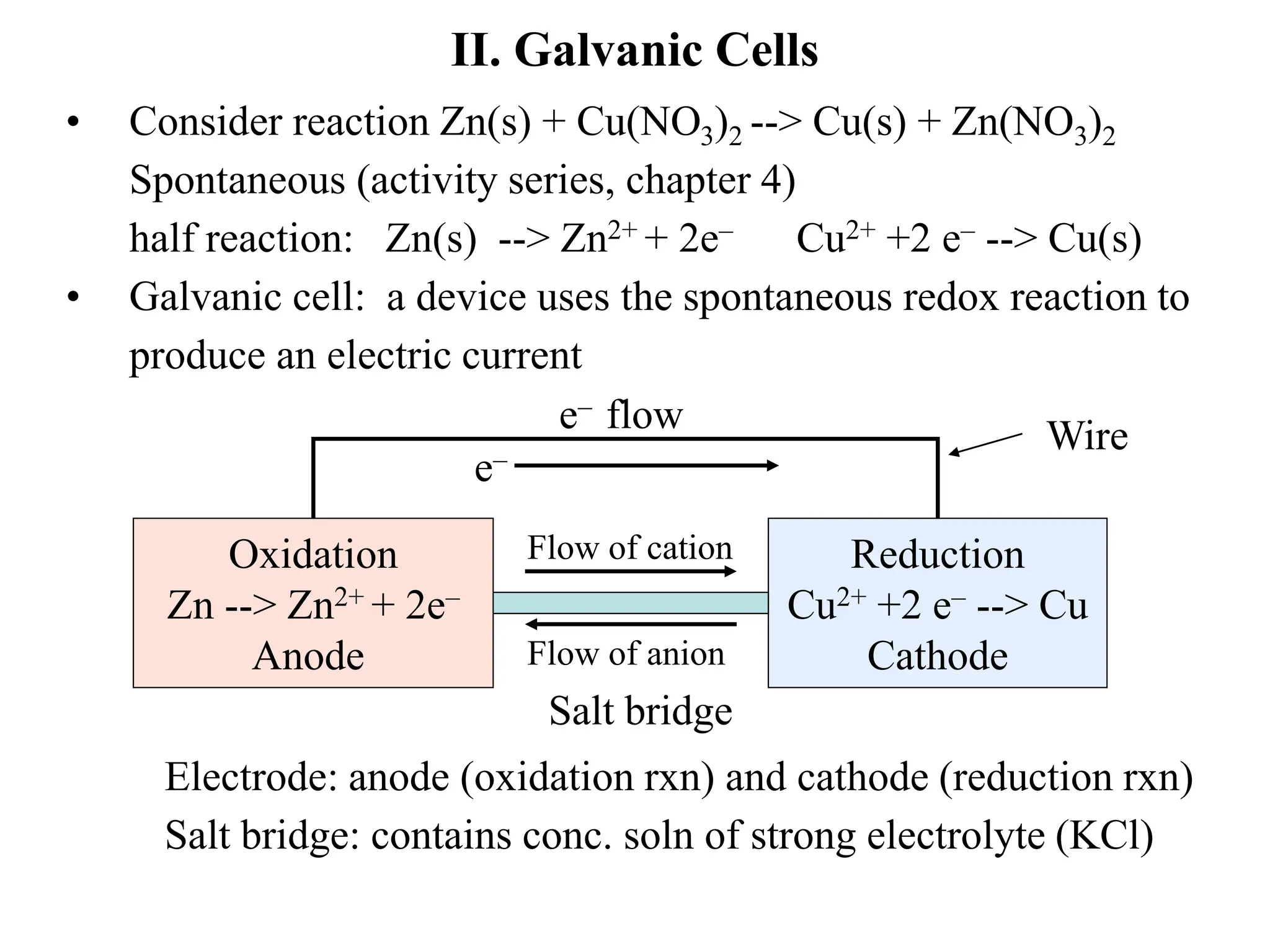 II. Galvanic Cells
• Consider reaction Zn(s) + Cu(NO3)2 --> Cu(s) + Zn(NO3)2
Spontaneous (activity series, chapter 4)
half reaction: Zn(s) --> Zn2+ + 2e– Cu2+ +2 e– --> Cu(s)
• Galvanic cell: a device uses the spontaneous redox reaction to
produce an electric current
Oxidation
Zn --> Zn2+ + 2e–
Anode
Reduction
Cu2+ +2 e– --> Cu
Cathode
e– flow
e–
Salt bridge
Flow of cation
Flow of anion
Wire
Electrode: anode (oxidation rxn) and cathode (reduction rxn)
Salt bridge: contains conc. soln of strong electrolyte (KCl)
 