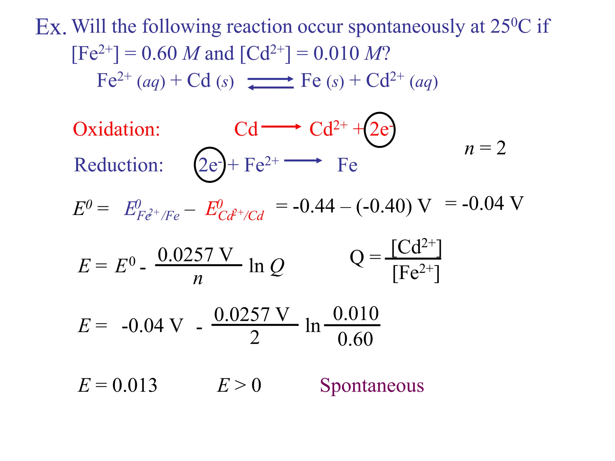 Ex.
2e- + Fe2+ Fe
Cd Cd2+ + 2e-
Oxidation:
Reduction:
n = 2
= -0.44 – (-0.40) V = -0.04 V
E0 = EFe /Fe – ECd /Cd
0 0
2+ 2+
-
0.0257 V
n
ln Q
E0
E =
-
0.0257 V
2
ln
-0.04 V
E =
0.010
0.60
E = 0.013 E > 0 Spontaneous
Will the following reaction occur spontaneously at 250C if
[Fe2+] = 0.60 M and [Cd2+] = 0.010 M?
Fe2+ (aq) + Cd (s) Fe (s) + Cd2+ (aq)
[Cd2+]
[Fe2+]
Q =
 