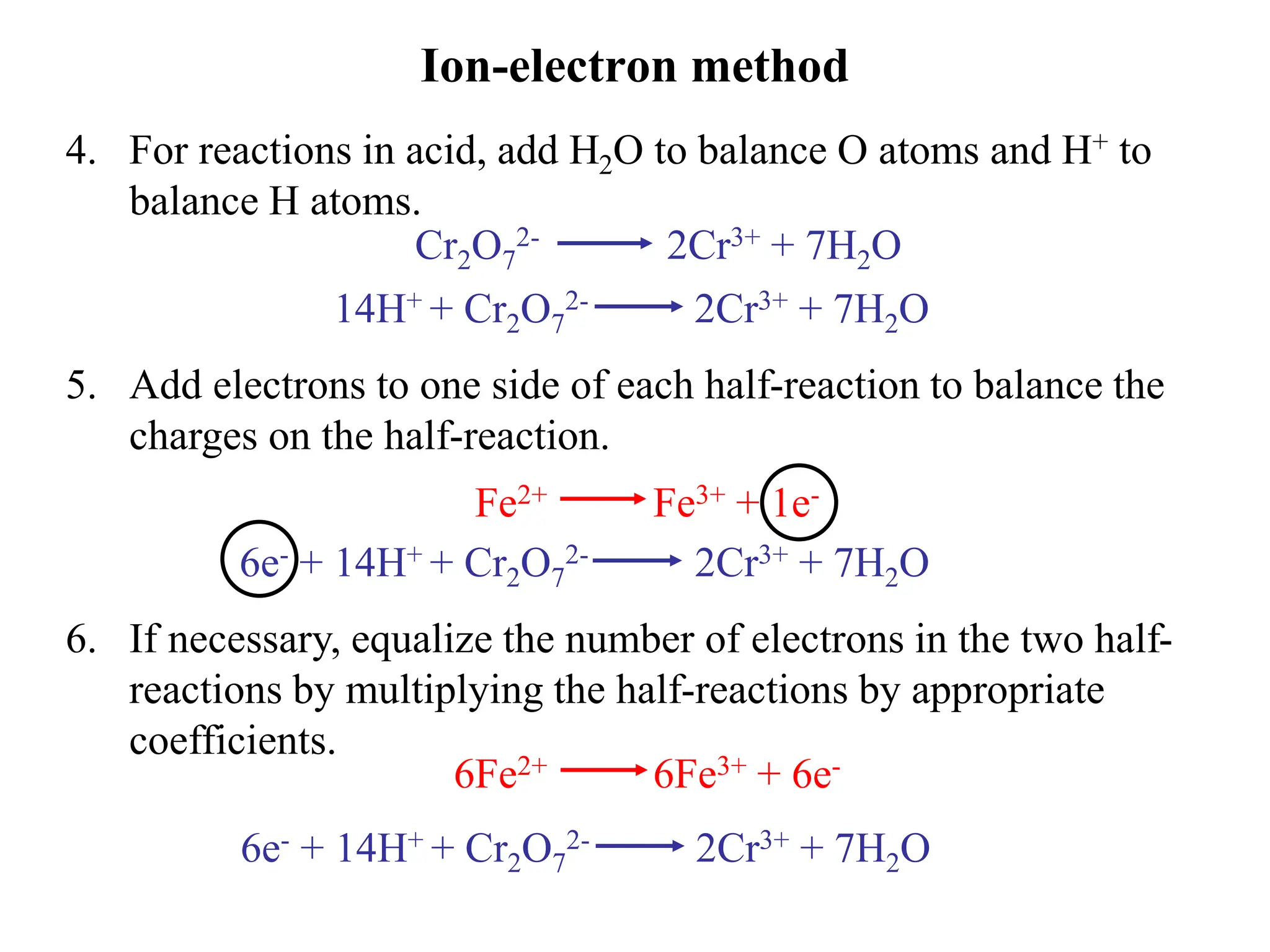 Ion-electron method
4. For reactions in acid, add H2O to balance O atoms and H+ to
balance H atoms.
Cr2O7
2- 2Cr3+ + 7H2O
14H+ + Cr2O7
2- 2Cr3+ + 7H2O
5. Add electrons to one side of each half-reaction to balance the
charges on the half-reaction.
Fe2+ Fe3+ + 1e-
6e- + 14H+ + Cr2O7
2- 2Cr3+ + 7H2O
6. If necessary, equalize the number of electrons in the two half-
reactions by multiplying the half-reactions by appropriate
coefficients.
6Fe2+ 6Fe3+ + 6e-
6e- + 14H+ + Cr2O7
2- 2Cr3+ + 7H2O
 
