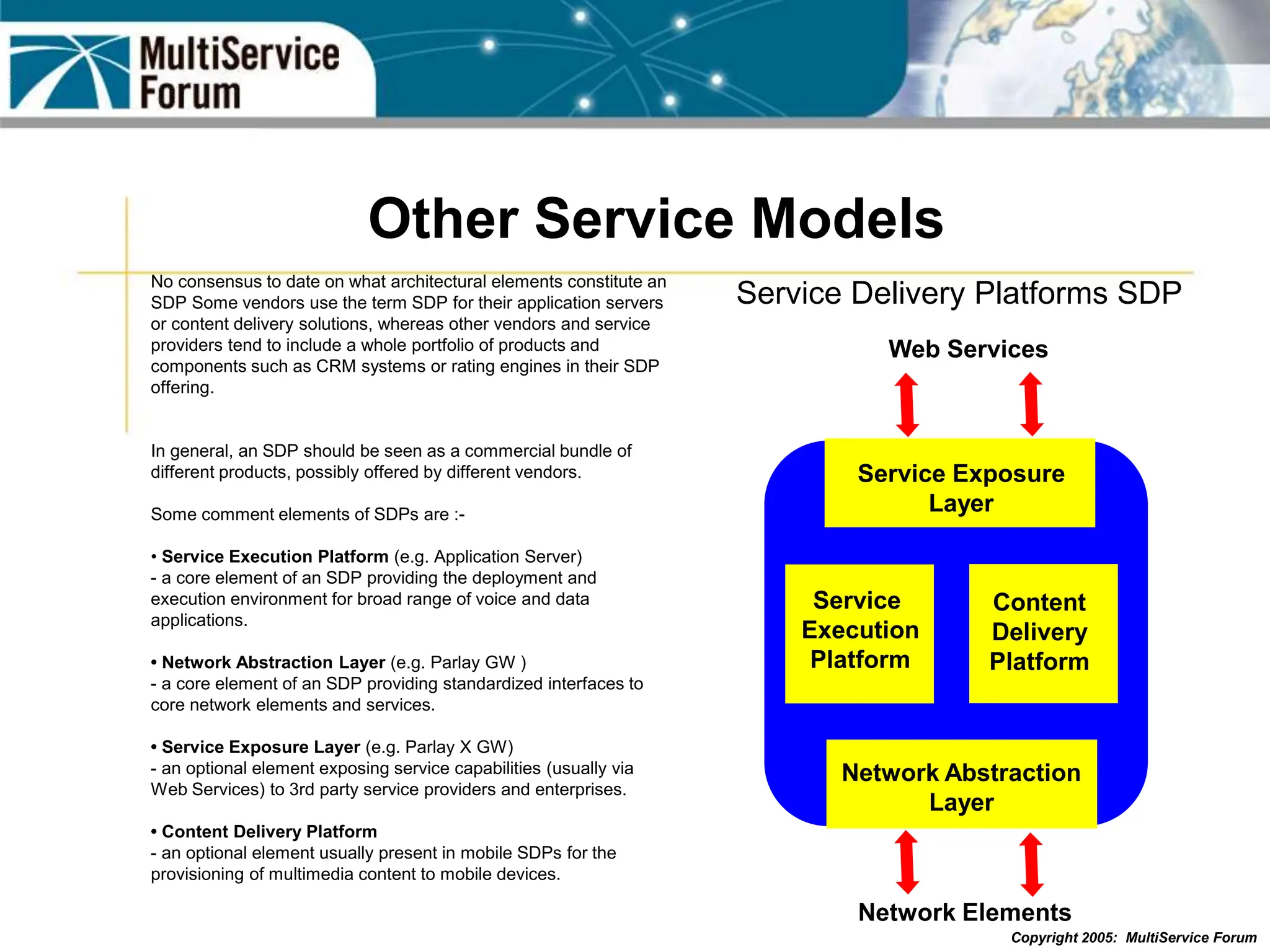 Copyright 2005: MultiService Forum
Other Service Models
Service Delivery Platforms SDP
No consensus to date on what architectural elements constitute an
SDP Some vendors use the term SDP for their application servers
or content delivery solutions, whereas other vendors and service
providers tend to include a whole portfolio of products and
components such as CRM systems or rating engines in their SDP
offering.
In general, an SDP should be seen as a commercial bundle of
different products, possibly offered by different vendors.
Some comment elements of SDPs are :-
• Service Execution Platform (e.g. Application Server)
- a core element of an SDP providing the deployment and
execution environment for broad range of voice and data
applications.
• Network Abstraction Layer (e.g. Parlay GW )
- a core element of an SDP providing standardized interfaces to
core network elements and services.
• Service Exposure Layer (e.g. Parlay X GW)
- an optional element exposing service capabilities (usually via
Web Services) to 3rd party service providers and enterprises.
• Content Delivery Platform
- an optional element usually present in mobile SDPs for the
provisioning of multimedia content to mobile devices.
Network Elements
Web Services
Service Exposure
Layer
Network Abstraction
Layer
Service
Execution
Platform
Content
Delivery
Platform
 