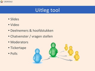 Uitleg	
  tool	
  
•  Slides	
  
•  Video	
  
•  Deelnemers	
  &	
  hoofdstukken	
  
•  Chatvenster	
  /	
  vragen	
  stellen	
  
•  Moderators	
  
•  Tickertape	
  
•  Polls	
  
	
  

 