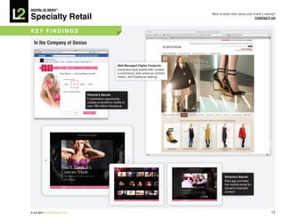 DiGiTAL iQ Index ®:

Specialty Retail
                                                                                             Want to know more about your brand’s ranking?
                                                                                                                           COnTACT US



key FinDinGS

  in the Company of Genius



                                                     well-Managed Digital Footprint:
                                                     Interactive style sheets with curated
                                                     e-commerce, slick premium content,
                                                     videos, and Facebook sharing




                             Victoria’s Secret:
                             F-commerce opportunity
                             creates a storefront visible to
                             over 700 million Facebook




                                                                                                     Victoria’s Secret:
                                                                                                     iPad app provides
                                                                                                     the mobile portal for
                                                                                                     dynamic branded
                                                                                                     content




© L2 2011 L2ThinkTank.com                                                                                                              12
 