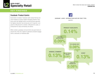 DiGiTAL iQ Index ®:

Specialty Retail
                                                                                                                          Want to know more about your brand’s ranking?
                                                                                                                                                        COnTACT US



key FinDinGS

Facebook: Product-Centric
Examination of retailers’ Facebook walls reveals that fans are             A V e R A G e ‘ L i k e S ’ : i n T e R A C T i O n R AT e by p O S T T y p e
most receptive to product-related messaging. Brands’ Face-
                                                                                                            (July 2011)
book posts that highlight and/or promote products garnered
the highest interaction rate among fans at 0.14 percent, com-
pared to 0.09 percent for contests, 0.08 percent for sales, or
0.06 percent for style commentary and advice.
                                                                                                p R O D U C T hi Gh L iG hT S



                                                                                                0.14%
While contests, giveaways and promotions are good tactics to
acquire fans, they don’t appear to generate consistent engage-
ment or stickiness on Facebook walls.


                                                                                COnTeST
                                                                              nOTi FiCATiOn



                                                                          0.09%
                                                                                                                p R & b R AnD i nF O



                                                                                                               0.08%
                                                                 G e n eR AL C O M Me nT



                                                                 0.13%
                                                                                                 S TyL e Ti p S &                          e Ve nT



                                                                                                                                 0.13%
                                                                                                    A DVi C e

                                                                                                  0.06%

                                                                                                                S A Le O R
                                                                                                              p R O M O Ti On



                                                                                                         0.08%
© L2 2011 L2ThinkTank.com                                                                                                                                           19
 