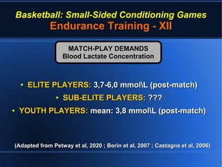 Basketball: Small-Sided Conditioning Games
Endurance Training - XII
●
ELITE PLAYERS:ELITE PLAYERS: 3,7-6,0 mmolL (post-match)3,7-6,0 mmolL (post-match)
●
SUB-ELITE PLAYERS:SUB-ELITE PLAYERS: ??????
●
YOUTH PLAYERS:YOUTH PLAYERS: mean: 3,8 mmolL (post-match)mean: 3,8 mmolL (post-match)
(Adapted from Petway et al, 2020 ; Borin et al, 2007 ; Castagna et al, 2006)(Adapted from Petway et al, 2020 ; Borin et al, 2007 ; Castagna et al, 2006)
MATCH-PLAY DEMANDSMATCH-PLAY DEMANDS
Blood Lactate ConcentrationBlood Lactate Concentration
 