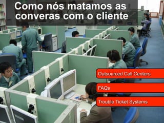 Como nós matamos as
converas com o cliente




                Outsourced Call Centers

                FAQs

                Trouble Ticket Systems
 