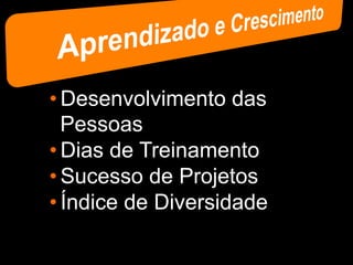 • Desenvolvimento das
  Pessoas
• Dias de Treinamento
• Sucesso de Projetos
• Índice de Diversidade
 