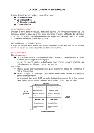 Le développement stratégique 
Il existe 4 stratégies principales pour se développer : 
v La diversification 
v La spécialisation 
v L’intégration verticale 
v L’externalisation 
1- La diversification 
Décision d’entrer dans un nouveau domaine d’activité. Une entreprise diversifiée est une 
entreprise présente dans au moins deux domaines d’activité différents. Se diversifier 
n’est pas une simple extension de la gamme de produits existante mais plutôt l’ajout 
d’un nouveau métier au portefeuille d’activités. 
Les modèles de portefeuille d’activité : 
Il s’agit de décider dans quelles activités se diversifier, et une fois cela fait de décider 
comment allouer ses ressources entre les domaines d’activité. 
La matrice BCG 
Elle est basée sur : 
v Le taux de croissance de chaque domaine d’activité qui opérationnalise le critère 
d’attractivité des segments stratégiques 
v La part de marché relative de l’entreprise dans chaque domaine d’activité, qui 
opérationnalise le critère de position concurrentiel 
Ses limites : 
v Mise en cause des variables retenues pour mesurer les atouts de l’entreprise et 
l’attrait d’un secteur 
v Réduit l’analyse de l’avantage concurrentiel à une seule variable (le volume) et 
ignore la différenciation 
v La logique de la matrice BCG est celle de l’autofinancement. Or le financement 
externe peut constituer une meilleure solution si le coût du crédit est faible 
 