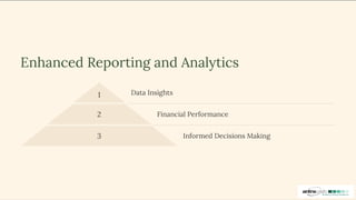 Enhanced Reporting and Analytics
1 Data Insights
2 Financial Performance
3 Informed Decisions Making
 