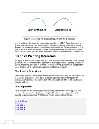 Figure 19: Closing the constructed path with the h operator
m, l, c, and h are the four main construction operators in a PDF. Again, there are no
“shape” operators in the PDF specification—you cannot create a “circle” or a “triangle.”
However, all shapes can be approximated as a series of lines, Bézier curves, or both. It
is up to the PDF editor application to make higher-level shapes available to document
authors and to transform them into a sequence of these simple construction operations.

Graphics Painting Operators
Once you’re done constructing a path, you must explicitly draw it with one of the painting
operators. This is similar to the Tj operator for drawing text. After a painting operator is
applied, the constructed path is finished—no more painting operators can be applied to
it, and another call to a construction operator will begin a new path.

The S and s Operators
The S and s operators paint the stroke of the constructed path using the stroke width set
by w and the stroke color set by RG or K. Before applying a stroke to the path, the
lowercase version closes the current path with a line segment. This is the exact same
behavior as h S.

The f Operator
The f operator fills the constructed path with the current fill color set by rg or k. The
current path must be closed before painting the fill, so there is no equivalent to the
capital S for painting strokes. The following stream creates a blue triangle.
0 0 0.75 rg
10 w
306 396 m
306 594 l
400 500 l
f

41

 