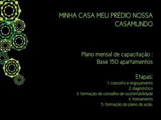 MINHA CASA MEU PRÉDIO NOSSA
                CASAMUNDO



       Plano mensal de capacitação :
             Base 150 apartamentos

                                       Etapas:
                      1. conceito e engajamento
                                   2. diagnóstico
     3. formação de conselho de sustentabilidade
                                   4. treinamento
                  5. formação do plano de ação.
 