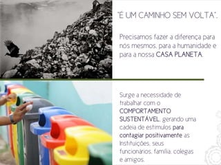 “É UM CAMINHO SEM VOLTA”.

         Precisamos fazer a diferença para
imagem
         nós mesmos, para a humanidade e
         para a nossa CASA PLANETA.




         Surge a necessidade de
         trabalhar com o
         COMPORTAMENTO
         SUSTENTÁVEL, gerando uma
         cadeia de estímulos para
         contagiar positivamente as
         Instituições, seus
         funcionários, família, colegas
         e amigos.
 