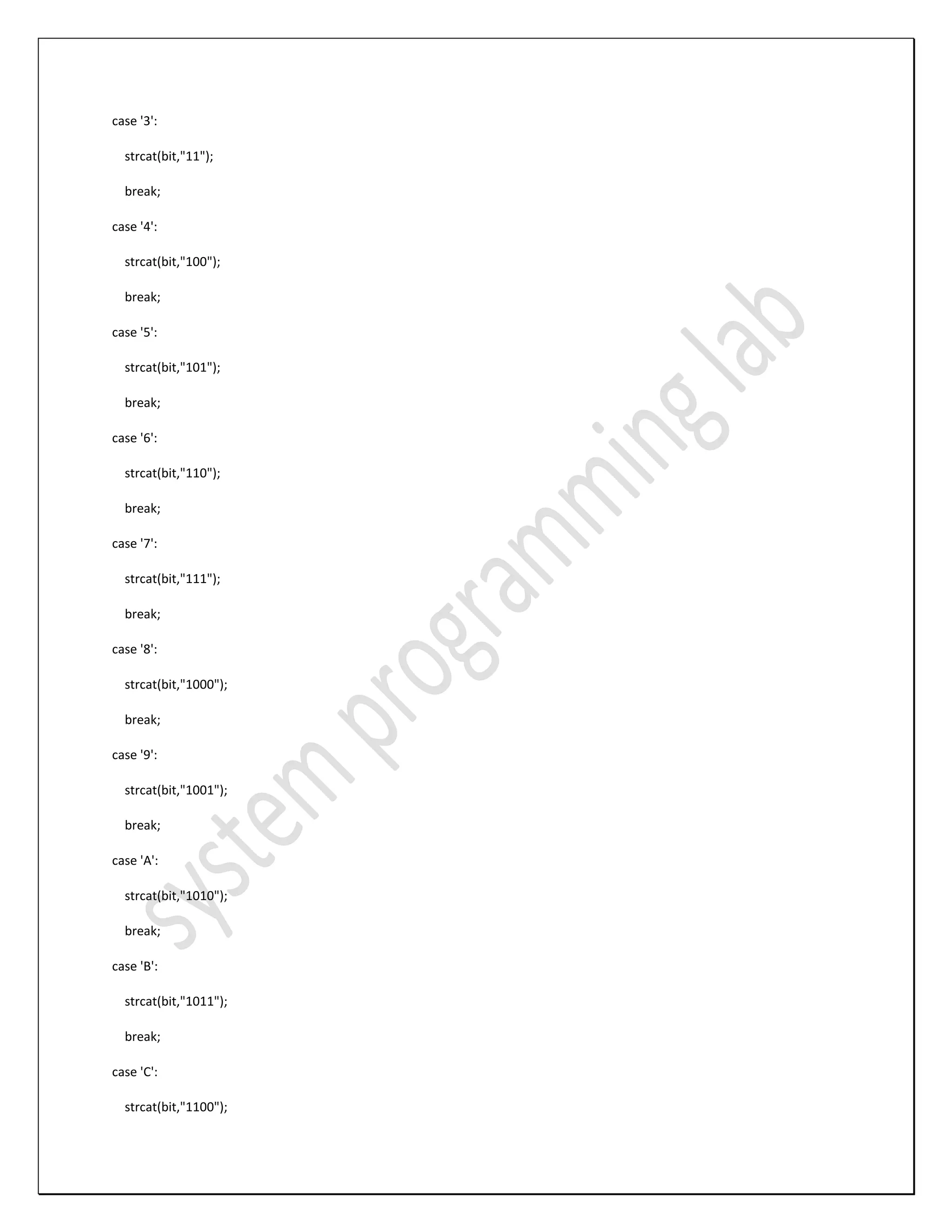 case '3': strcat(bit,"11"); break; case '4': strcat(bit,"100"); break; case '5': strcat(bit,"101"); break; case '6': strcat(bit,"110"); break; case '7': strcat(bit,"111"); break; case '8': strcat(bit,"1000"); break; case '9': strcat(bit,"1001"); break; case 'A': strcat(bit,"1010"); break; case 'B': strcat(bit,"1011"); break; case 'C': strcat(bit,"1100"); 
