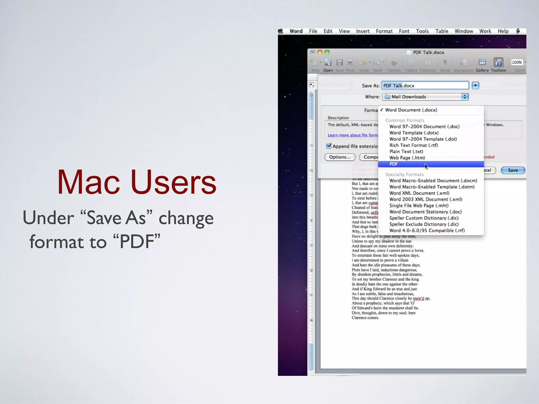 Mac Users
Under “Save As” change
 format to “PDF”
 