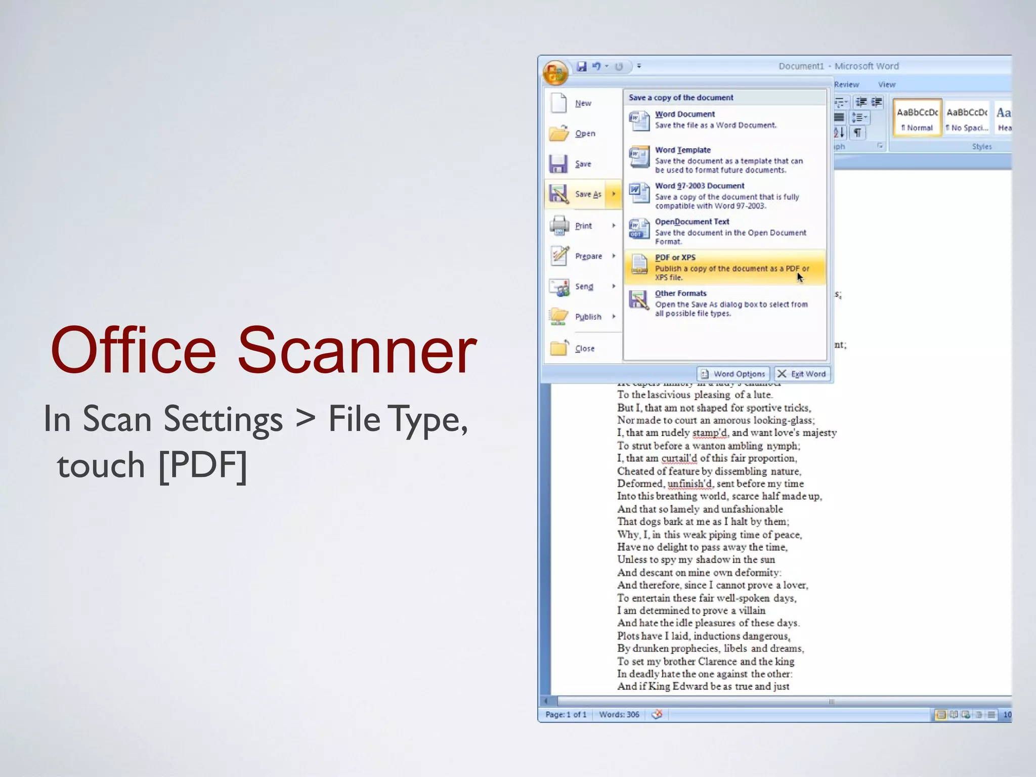 Office Scanner
In Scan Settings > File Type,
 touch [PDF]
 