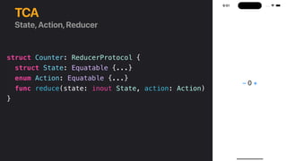 struct Counter: ReducerProtocol {
struct State: Equatable {...}
enum Action: Equatable {...}
func reduce(state: inout Stat...