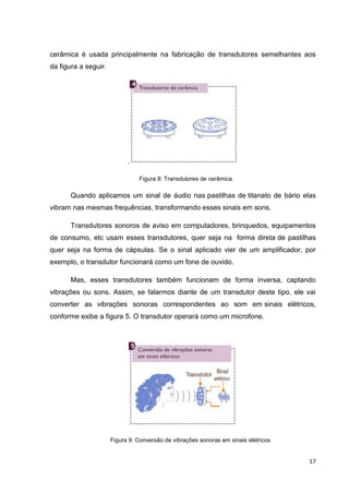 17
cerâmica é usada principalmente na fabricação de transdutores semelhantes aos
da figura a seguir.
.
Figura 8: Transdutores de cerâmica
Quando aplicamos um sinal de áudio nas pastilhas de titanato de bário elas
vibram nas mesmas frequências, transformando esses sinais em sons.
Transdutores sonoros de aviso em computadores, brinquedos, equipamentos
de consumo, etc usam esses transdutores, quer seja na forma direta de pastilhas
quer seja na forma de cápsulas. Se o sinal aplicado vier de um amplificador, por
exemplo, o transdutor funcionará como um fone de ouvido.
Mas, esses transdutores também funcionam de forma inversa, captando
vibrações ou sons. Assim, se falarmos diante de um transdutor deste tipo, ele vai
converter as vibrações sonoras correspondentes ao som em sinais elétricos,
conforme exibe a figura 5. O transdutor operará como um microfone.
Figura 9: Conversão de vibrações sonoras em sinais elétricos
 