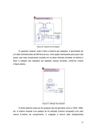37
Figura 20: Aspecto da montagem
O capacitor variável, onde é feita a sintonia das estações, é aproveitado de
um rádio transistorizado de AM fora de uso. Uma opção interessante para quem não
quiser usar esse componente consiste em se fazer diversas tomadas na bobina e
fazer a seleção das estações por ligações nessas tomadas, conforme mostra
a figura abaixo.
Figura 21: Seleção das estações
O diodo detector pode ser de qualquer tipo de germânio como o 1N34, 1N60,
etc. A antena consiste num pedaço de fio esticado (mesmo encapado) com pelo
menos 8 metros de comprimento, e a ligação a terra é feita simplesmente
 