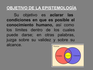 OBJETIVO DE LA EPISTEMOLOGÍA
Su objetivo es aclarar las
condiciones en que es posible el
conocimiento humano, así como
los límites dentro de los cuales
puede darse; en otras palabras,
juzga sobre su validez y sobre su
alcance.
 