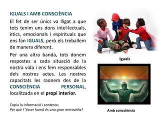 IGUALS I AMB CONSCIÈNCIA
El fet de ser únics va lligat a que
tots tenim uns dons intel·lectuals,
ètics, emocionals i espirituals que
ens fan IGUALS, però els treballem
de manera diferent.
Per una altra banda, tots donem
respostes a cada situació de la
nostra vida i ens fem responsables
dels nostres actes. Les nostres
capacitats les raonem des de la
CONSCIÈNCIA
PERSONAL,
localitzada en el propi interior.
Copia la informació i contesta:
Per què l´’ésser humà és una gran meravella?

Iguals

Amb consciència

 