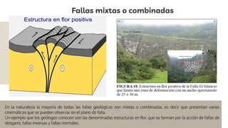 Fallas mixtas o combinadas
En la naturaleza la mayoría de todas las fallas geológicas son mixtas o combinadas, es decir que presentan varias
cinemáticas que se pueden observar en el plano de falla.
Un ejemplo que los geólogos conocen son las denominadas estructuras en flor, que se forman por la acción de fallas de
desgarre, fallas inversas y fallas normales.
 