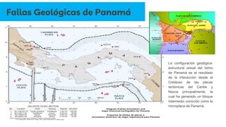La configuración geológica-
estructural actual del Istmo
de Panamá es el resultado
de la interacción desde el
Cretáceo de las placas
tectónicas del Caribe y
Nazca principalmente, la
cual ha generado un bloque
intermedio conocido como la
microplaca de Panamá.
Fallas Geológicas de Panamá
 