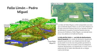 Falla Limón – Pedro
Miguel
Las fallas de Pedro Miguel y Limón comprenden una zona
que se extiende desde el flanco sur de la Sierra Maestra, en
el norte central de Panamá hacia el sur, durante al menos
40 kilómetros cruzando el Canal de Panamá entre las
esclusas de Miraflores y Pedro Miguel, y se extiende hacia
el sur, mar adentro en el Golfo de Panamá.
La falla del Río Gatún es una falla de deslizamiento
lateral izquierda con canales de desviación izquierda de
pequeña y gran escala. Las compensaciones de mayor
escala están en los dos ríos más grandes que drenan la
Sierra Maestra; Tanto el río Gatún como el río Boquerón
muestran desviaciones a la izquierda de 1 a 1,5 km, con el
paleocanal del río Gatún descabezado de su antigua
cuenca de drenaje.
 