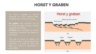 Los horst y graben se forman
asociadas con varios sistemas fallas
normales que ocurren en la corteza.
Un graben está asociado con la
formación de valles, cuencas o niveles
topográficos hundidos.
El horst está a asociado con niveles
topográficos más altos con respecto a
los grabens.
Para que se forme un graben, los
niveles de suelos o rocas tuvieron que
descender a lo largo de planos de
fallas que tienden a intersecarse a
profundidad.
HORST Y GRABEN
 