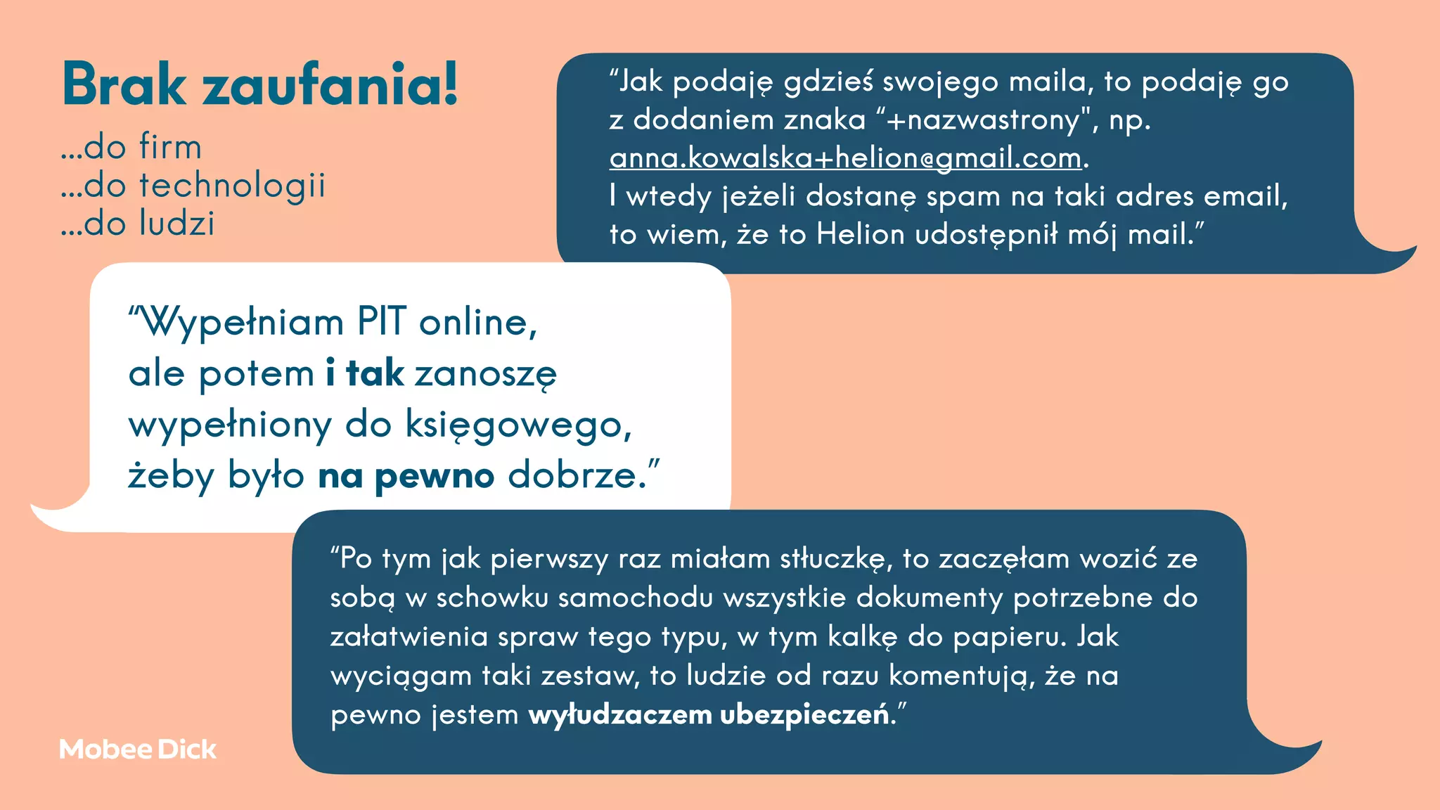 “Jak podaję gdzieś swojego maila, to podaję go  
z dodaniem znaka “+nazwastrony", np.
anna.kowalska+helion@gmail.com. 
I wtedy jeżeli dostanę spam na taki adres email,  
to wiem, że to Helion udostępnił mój mail.”
“Wypełniam PIT online,  
ale potem i tak zanoszę
wypełniony do księgowego,
żeby było na pewno dobrze.”
“Po tym jak pierwszy raz miałam stłuczkę, to zaczęłam wozić ze
sobą w schowku samochodu wszystkie dokumenty potrzebne do
załatwienia spraw tego typu, w tym kalkę do papieru. Jak
wyciągam taki zestaw, to ludzie od razu komentują, że na
pewno jestem wyłudzaczem ubezpieczeń.”
Brak zaufania!
…do ﬁrm
…do technologii
…do ludzi
 