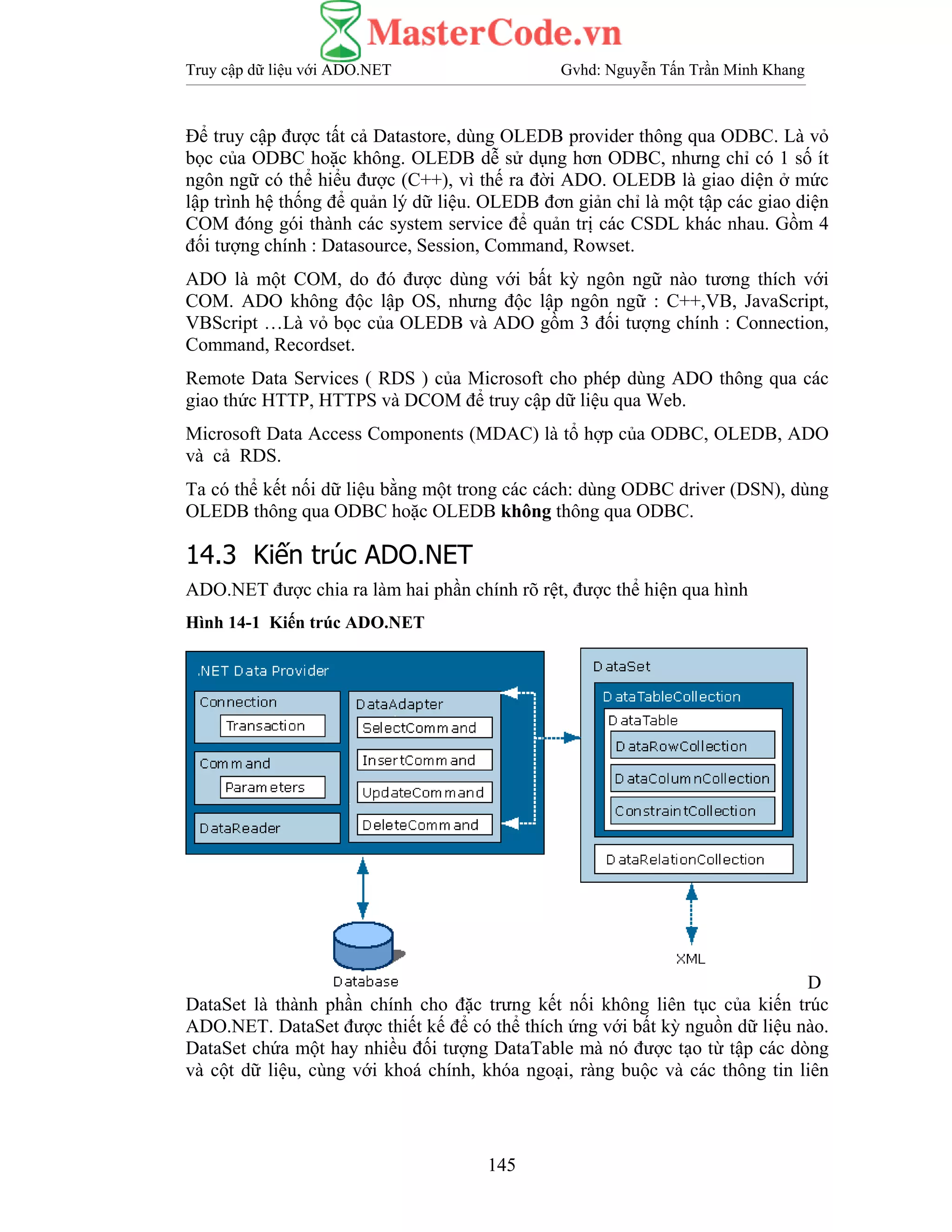 Truy cập dữ liệu với ADO.NET Gvhd: Nguyễn Tấn Trần Minh Khang
145
Để truy cập được tất cả Datastore, dùng OLEDB provider thông qua ODBC. Là vỏ
bọc của ODBC hoặc không. OLEDB dễ sử dụng hơn ODBC, nhưng chỉ có 1 số ít
ngôn ngữ có thể hiểu được (C++), vì thế ra đời ADO. OLEDB là giao diện ở mức
lập trình hệ thống để quản lý dữ liệu. OLEDB đơn giản chỉ là một tập các giao diện
COM đóng gói thành các system service để quản trị các CSDL khác nhau. Gồm 4
đối tượng chính : Datasource, Session, Command, Rowset.
ADO là một COM, do đó được dùng với bất kỳ ngôn ngữ nào tương thích với
COM. ADO không độc lập OS, nhưng độc lập ngôn ngữ : C++,VB, JavaScript,
VBScript …Là vỏ bọc của OLEDB và ADO gồm 3 đối tượng chính : Connection,
Command, Recordset.
Remote Data Services ( RDS ) của Microsoft cho phép dùng ADO thông qua các
giao thức HTTP, HTTPS và DCOM để truy cập dữ liệu qua Web.
Microsoft Data Access Components (MDAC) là tổ hợp của ODBC, OLEDB, ADO
và cả RDS.
Ta có thể kết nối dữ liệu bằng một trong các cách: dùng ODBC driver (DSN), dùng
OLEDB thông qua ODBC hoặc OLEDB không thông qua ODBC.
14.3 Kiến trúc ADO.NET
ADO.NET được chia ra làm hai phần chính rõ rệt, được thể hiện qua hình
Hình 14-1 Kiến trúc ADO.NET
D
DataSet là thành phần chính cho đặc trưng kết nối không liên tục của kiến trúc
ADO.NET. DataSet được thiết kế để có thể thích ứng với bất kỳ nguồn dữ liệu nào.
DataSet chứa một hay nhiều đối tượng DataTable mà nó được tạo từ tập các dòng
và cột dữ liệu, cùng với khoá chính, khóa ngoại, ràng buộc và các thông tin liên
 