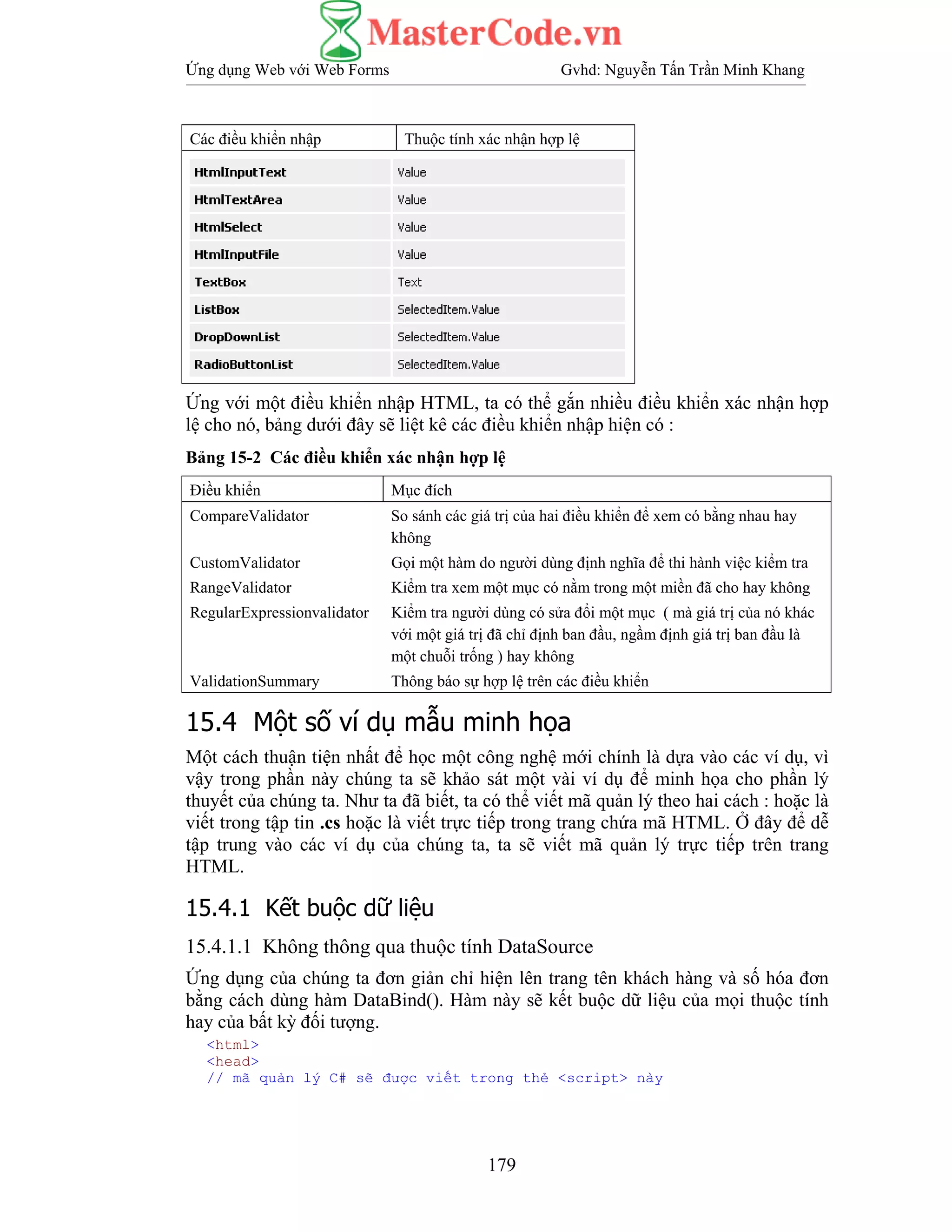Ứng dụng Web với Web Forms Gvhd: Nguyễn Tấn Trần Minh Khang
179
Các điều khiển nhập Thuộc tính xác nhận hợp lệ
Ứng với một điều khiển nhập HTML, ta có thể gắn nhiều điều khiển xác nhận hợp
lệ cho nó, bảng dưới đây sẽ liệt kê các điều khiển nhập hiện có :
Bảng 15-2 Các điều khiển xác nhận hợp lệ
Điều khiển Mục đích
CompareValidator So sánh các giá trị của hai điều khiển để xem có bằng nhau hay
không
CustomValidator Gọi một hàm do người dùng định nghĩa để thi hành việc kiểm tra
RangeValidator Kiểm tra xem một mục có nằm trong một miền đã cho hay không
RegularExpressionvalidator Kiểm tra người dùng có sửa đổi một mục ( mà giá trị của nó khác
với một giá trị đã chỉ định ban đầu, ngầm định giá trị ban đầu là
một chuỗi trống ) hay không
ValidationSummary Thông báo sự hợp lệ trên các điều khiển
15.4 Một số ví dụ mẫu minh họa
Một cách thuận tiện nhất để học một công nghệ mới chính là dựa vào các ví dụ, vì
vậy trong phần này chúng ta sẽ khảo sát một vài ví dụ để minh họa cho phần lý
thuyết của chúng ta. Như ta đã biết, ta có thể viết mã quản lý theo hai cách : hoặc là
viết trong tập tin .cs hoặc là viết trực tiếp trong trang chứa mã HTML. Ở đây để dễ
tập trung vào các ví dụ của chúng ta, ta sẽ viết mã quản lý trực tiếp trên trang
HTML.
15.4.1 Kết buộc dữ liệu
15.4.1.1 Không thông qua thuộc tính DataSource
Ứng dụng của chúng ta đơn giản chỉ hiện lên trang tên khách hàng và số hóa đơn
bằng cách dùng hàm DataBind(). Hàm này sẽ kết buộc dữ liệu của mọi thuộc tính
hay của bất kỳ đối tượng.
<html>
<head>
// mã quản lý C# sẽ được viết trong thẻ <script> này
 