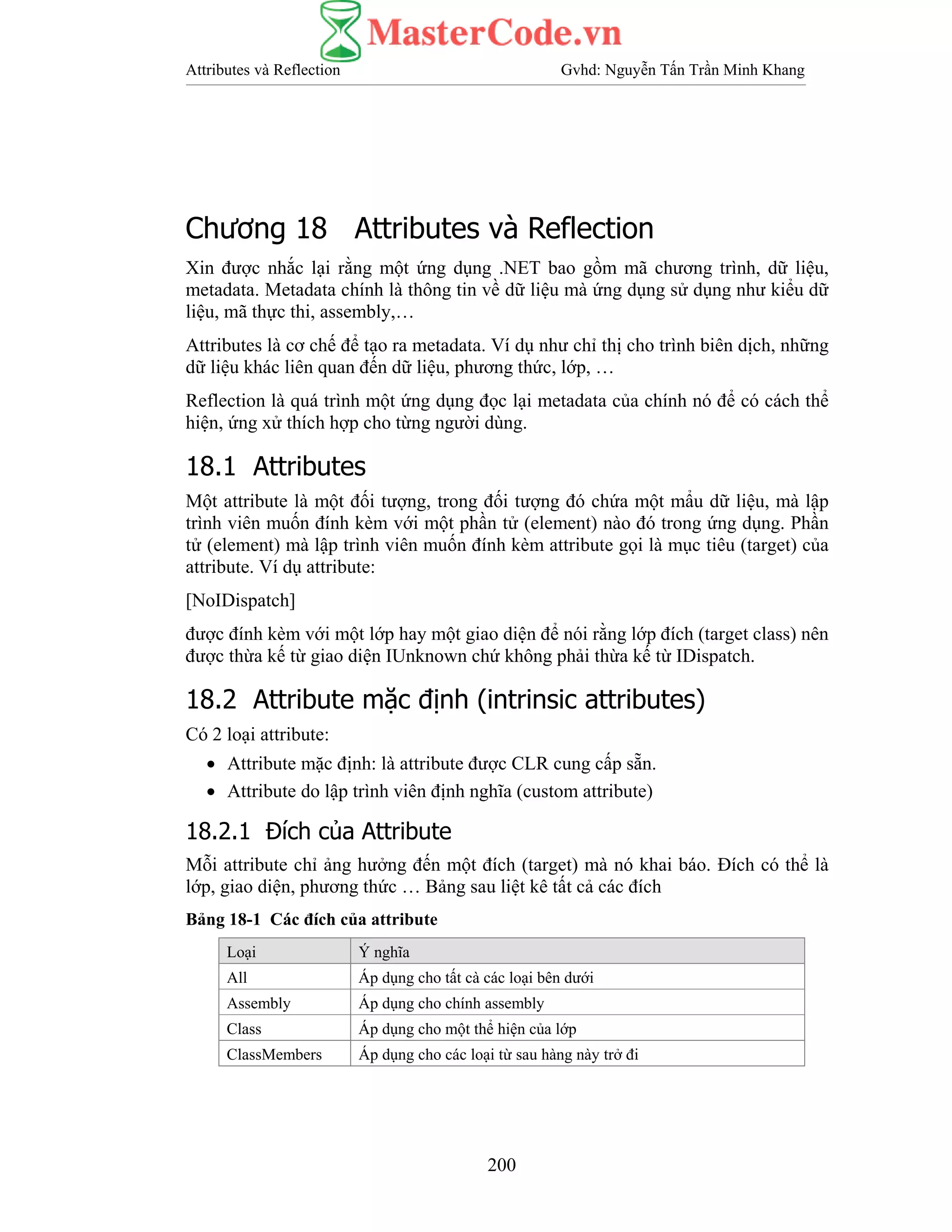 Attributes và Reflection Gvhd: Nguyễn Tấn Trần Minh Khang
200
Chương 18 Attributes và Reflection
Xin được nhắc lại rằng một ứng dụng .NET bao gồm mã chương trình, dữ liệu,
metadata. Metadata chính là thông tin về dữ liệu mà ứng dụng sử dụng như kiểu dữ
liệu, mã thực thi, assembly,…
Attributes là cơ chế để tạo ra metadata. Ví dụ như chỉ thị cho trình biên dịch, những
dữ liệu khác liên quan đến dữ liệu, phương thức, lớp, …
Reflection là quá trình một ứng dụng đọc lại metadata của chính nó để có cách thể
hiện, ứng xử thích hợp cho từng người dùng.
18.1 Attributes
Một attribute là một đối tượng, trong đối tượng đó chứa một mẩu dữ liệu, mà lập
trình viên muốn đính kèm với một phần tử (element) nào đó trong ứng dụng. Phần
tử (element) mà lập trình viên muốn đính kèm attribute gọi là mục tiêu (target) của
attribute. Ví dụ attribute:
[NoIDispatch]
được đính kèm với một lớp hay một giao diện để nói rằng lớp đích (target class) nên
được thừa kế từ giao diện IUnknown chứ không phải thừa kế từ IDispatch.
18.2 Attribute mặc định (intrinsic attributes)
Có 2 loại attribute:
• Attribute mặc định: là attribute được CLR cung cấp sẵn.
• Attribute do lập trình viên định nghĩa (custom attribute)
18.2.1 Đích của Attribute
Mỗi attribute chỉ ảng hưởng đến một đích (target) mà nó khai báo. Đích có thể là
lớp, giao diện, phương thức … Bảng sau liệt kê tất cả các đích
Bảng 18-1 Các đích của attribute
Loại Ý nghĩa
All Áp dụng cho tất cà các loại bên dưới
Assembly Áp dụng cho chính assembly
Class Áp dụng cho một thể hiện của lớp
ClassMembers Áp dụng cho các loại từ sau hàng này trở đi
 