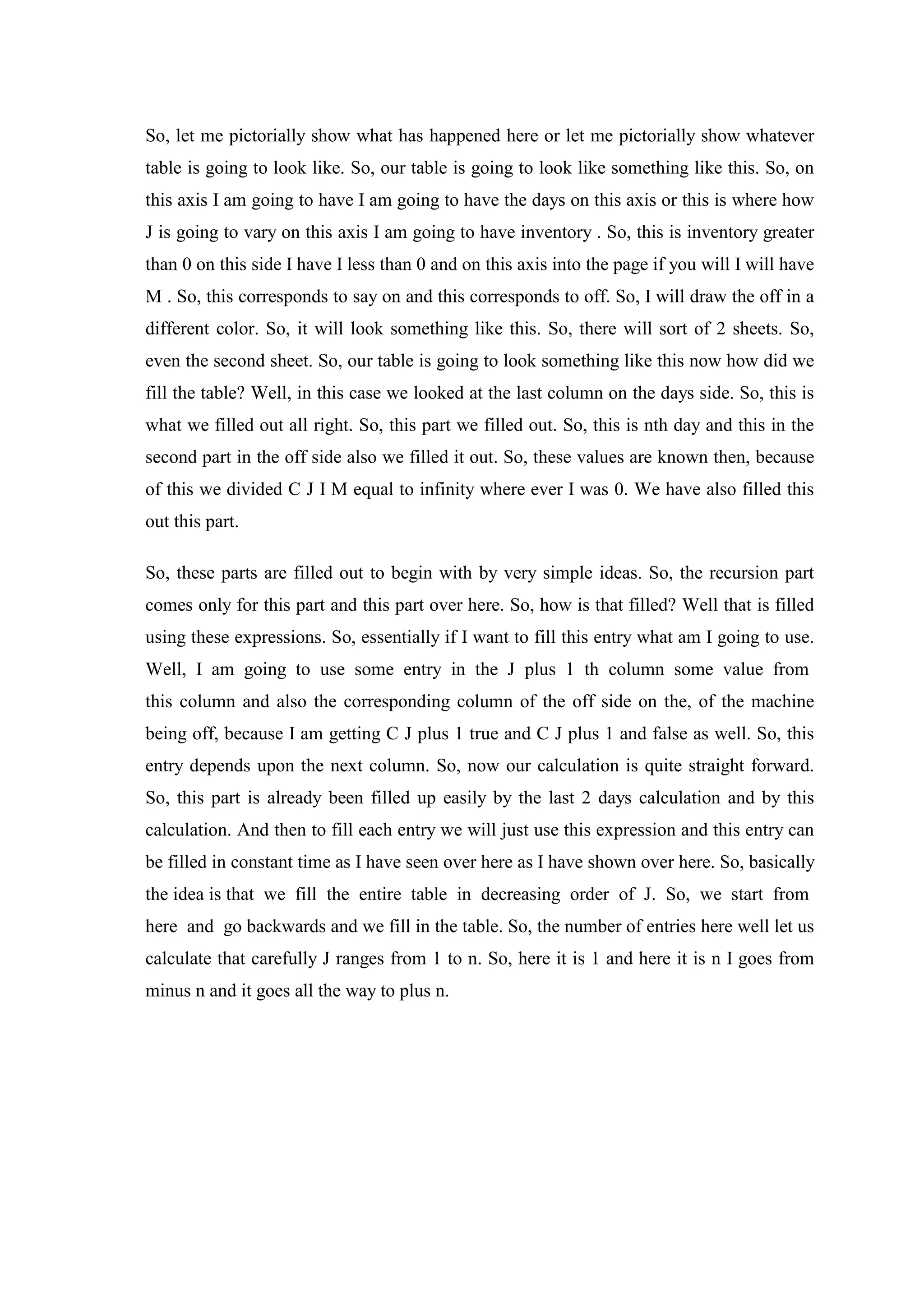 So, let me pictorially show what has happened here or let me pictorially show whatever
table is going to look like. So, our table is going to look like something like this. So, on
this axis I am going to have I am going to have the days on this axis or this is where how
J is going to vary on this axis I am going to have inventory . So, this is inventory greater
than 0 on this side I have I less than 0 and on this axis into the page if you will I will have
M . So, this corresponds to say on and this corresponds to off. So, I will draw the off in a
different color. So, it will look something like this. So, there will sort of 2 sheets. So,
even the second sheet. So, our table is going to look something like this now how did we
fill the table? Well, in this case we looked at the last column on the days side. So, this is
what we filled out all right. So, this part we filled out. So, this is nth day and this in the
second part in the off side also we filled it out. So, these values are known then, because
of this we divided C J I M equal to infinity where ever I was 0. We have also filled this
out this part.
So, these parts are filled out to begin with by very simple ideas. So, the recursion part
comes only for this part and this part over here. So, how is that filled? Well that is filled
using these expressions. So, essentially if I want to fill this entry what am I going to use.
Well, I am going to use some entry in the J plus 1 th column some value from
this column and also the corresponding column of the off side on the, of the machine
being off, because I am getting C J plus 1 true and C J plus 1 and false as well. So, this
entry depends upon the next column. So, now our calculation is quite straight forward.
So, this part is already been filled up easily by the last 2 days calculation and by this
calculation. And then to fill each entry we will just use this expression and this entry can
be filled in constant time as I have seen over here as I have shown over here. So, basically
the idea is that we fill the entire table in decreasing order of J. So, we start from
here and go backwards and we fill in the table. So, the number of entries here well let us
calculate that carefully J ranges from 1 to n. So, here it is 1 and here it is n I goes from
minus n and it goes all the way to plus n.
 