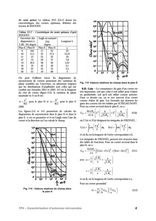 TP4 – Caractérisation d’antennes microondes 8
dit cornet optimal. Le tableau XVI [I.b.1] donne les
caractéristiques des cornets optimaux, déduites des
travaux de RHODES.
Tableau XVI – Caractéristiques des cornets optimaux d’après
RHODES
Ouverture des
diagrammes à
3 dB : 2θ3 degrés
Angle au sommet
(2φ)
degrés
Longueur L
Plan E Plan H Plan E Plan H λ
9
10
11
12
14
16
18
20
9,8
11,5
13
14
16,3
19
22
25
17
22
25
29
36
42
45
19
22
27,5
32
37
44
50
55
60
22
13,25
10
7,8
5,25
4,1
3,5
3
On peut d’ailleurs tracer les diagrammes de
rayonnement de cornets présentant des variations de
phase sensibles sur l’ouverture, en admettant toujours
que les distributions d’amplitudes sont celles qui ont
conduit aux formules (201) et (202). Si l est la longueur
du côté du cornet (figure 113), la variation de phase
maximale en A ou B est :
2
a
8 l
α =
λ
pour le plan H et
2
b
8 l
α =
λ
pour le plan E
(209)
Les figures 114 et 115 permettent de calculer les
diagrammes de rayonnement dans le plan H et dans le
plan E. α est en paramètre et θ est l’angle entre l’axe du
cornet et la direction où l’on calcule le champ.
Fig. 114 : Valeurs relatives du champ dans
le plan H
Fig. 115 :Valeurs relatives du champ dans le plan E
8,32. Gain – La connaissance du gain d’un cornet est
très importante, soit que celui-ci soit utilisé pour éclairer
un paraboloïde, soit qu’il soit utilisé comme antenne.
Dans ce dernier cas, on se sert souvent d’un cornet
comme étalon de gain. Les formules qui donnent les
gains des cornets ont été établies par SCHELKUNOFF.
Pour un cornet sectoral dans le plan E, on a :
2 2b
E
b b
64 a R b b
G C S
b 2 R 2 R
    
 = +   
   πλ λ λ     
(210)
où C2(x) et S2(x) désignent les intégrales de FRESNEL :
2
0
q
C(x) cos dq
2
π
 π
=   
 
∫
2
0
q
S(x) sin dq
2
π
 π
=   
 
∫
et où Rb est la longueur de l’arête correspondant à b.
Les intégrales de FRESNEL peuvent être trouvées dans
des tables de fonctions. Pour un cornet sectoral dans le
plan H, on a :
[ ] [ ]{ }2 2a
H
4 bR
G C(u) C(v) S(u) S(v)
a
π
= − + −
λ
(211)
avec :
a
a
R1 a
u
2 a R
 λ
= + 
 λ 
a
a
R1 a
v
2 a R
 λ
= − 
 λ 
et où Ra est la longueur de l’arête correspondant à a.
Pour un cornet pyramidal :
H EG G G
32 b a
π λ λ  =   
  
(212)
 