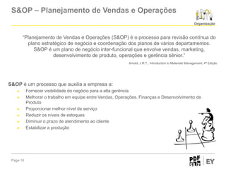 S&OP – Planejamento de Vendas e Operações
Organização

“Planejamento de Vendas e Operações (S&OP) é o processo para revisão contínua do
plano estratégico de negócio e coordenação dos planos de vários departamentos.
S&OP é um plano de negócio inter-funcional que envolve vendas, marketing,
desenvolvimento de produto, operações e gerência sênior.”
Arnold, J.R.T., Introduction to Materials Management, 4ª Edição

S&OP é um processo que auxilia a empresa a:
►
►

►

►
►
►

Page 18

Fornecer visibilidade do negócio para a alta gerência
Melhorar o trabalho em equipe entre Vendas, Operações, Finanças e Desenvolvimento de
Produto
Proporcionar melhor nível de serviço
Reduzir os níveis de estoques
Diminuir o prazo de atendimento ao cliente
Estabilizar a produção

 