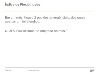 Índice de Flexibilidade

Em um mês, houve 2 pedidos emergênciais, dos quais
apenas um foi atendido.
Qual o iFlexibilidade da empresa no mês?

Page 38

Presentation title

 