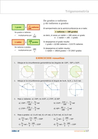 Trigonometría 
MATEMÁTICAS B „ 117 
180 
EJERCICIOS resueltos 
π 
1. Dibuja en la circunferencia goniométrica los ángulos de 120º, -50º y 315º. 
2. Dibuja en la circunferencia goniométrica el ángulo de 5π/6, 3π/4, y 3π/2 rad. 
3. Pasa a radianes: a) 150º, b) 210º, c) 270º, d) 60º 
5 
150 
a) rad 
6 
180 
150º 
π 
= 
⋅ π 
7 
210 
= b) rad 
6 
180 
210º 
π 
= 
⋅ π 
= 
3 
270 
c) rad 
2 
180 
270º 
π 
= 
⋅ π 
60 
= d) rad 
180 3 
60º 
π 
= 
⋅ π 
= 
4. Pasa a grados: a) 11π/6 rad, b) π/4 rad, c) 5π/4 rad, d) 2π/3 rad 
180 
11 
11 
a) 330º 
6 
rad 
6 
= 
π 
⋅ 
π 
= 
π 
180 
b) 45º 
4 
rad 
4 
= 
π 
⋅ 
π 
= 
π 
180 
5 
5 
c) 225º 
4 
rad 
4 
= 
π 
⋅ 
π 
= 
π 
180 
2 
2 
d) 120º 
3 
rad 
3 
= 
π 
⋅ 
π 
= 
π 
De grados a radianes: 
9 multiplicamos por 
180 
De radianes a grados: 
9 multiplicamos por 
π 
De grados a radianes 
y de radianes a grados 
El semiperímetro de la semicircunferencia es π·radio 
π radianes = 180 grados 
es decir, π veces un radián = 180 veces un grado 
π · 1 radián = 180 · 1 grado 
Si despejamos el grado resulta: 
1 grado = π/180 radianes ~ 0.0175 radianes 
Si despejamos el radián resulta: 
1 radián = 180/π grados ~ 57.2957 grados 
 