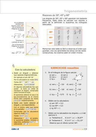 Trigonometría 
3 
1 
4 
sen α = = d) senβ = = 
0,8 
3 
cos α = = e) cos β = = 
0,6 
β = = 
MATEMÁTICAS B „ 119 
En un triángulo 
equilátero los 
ángulos miden 60º 
Con el Teorema de 
Pitágoras se calcula 
la altura 
3 
1 
⎞ 
⎛ 
Tomamos un 
cuadrado de lado 1 
Con el Teorema de 
Pitágoras se calcula 
la diagonal 
Razones de 30º, 45º y 60º 
Los ángulos de 30º, 45º y 60º aparecen con bastante 
frecuencia, fíjate cómo se calculan sus razones a 
partir de la definición si buscamos los triángulos 
adecuados. 
sen cos tg 
30º 
1 
2 
3 
2 
3 
3 
= 
45º 
2 
2 
2 
2 
1 
60º 
3 
2 
1 
2 
3 
Memorizar esta tabla es fácil si observas el orden que 
guardan. Una vez aprendidos los senos con las raíces 
consecutivas, los cosenos salen en orden inverso. 
EJERCICIOS resueltos 
5. En el triángulo de la figura calcula: 
a) sen α d) sen β 
b) cos α e) cos β 
c) tg α f) tg β 
3 
a) 0,6 
5 
5 
4 
b) 0,8 
5 
5 
3 
tg α = = f) 
c) 0,75 
4 
4 
tg 1,3 
3 
) 
6. Obtén con la calculadora: 
a) sen 30º = 0,5 
b) cos 60º = 0,5 
c) tg 45º = 1 
7. Obtén con la calculadora los ángulos α y β del 
ejercicio 5. 
α: Tecleamos 0 . 6 SHIFT sin → 36,87º 
β: Tecleamos 0 . 8 SHIFT sin → 53,13º 
Observa que en efecto suman 90º. 
Con la calculadora 
• Dado un ángulo α obtener 
sus razones trigonométricas. 
Por ejemplo el sen 28º 30´ 
Pon la calculadora en modo DEG 
Teclea 28 º ‘ ‘‘ 30 º ‘ ‘‘ sin 
Obtenemos: 0,477158760 
En algunas calculadoras hay que 
pulsar la tecla sin antes de 
introducir el ángulo, comprueba 
cómo funciona la tuya. 
Si queremos obtener el cosα ó la 
tgα procederemos de la misma 
forma pero pulsando las teclas 
cos y tan respectivamente. 
• Dada una razón obtener el 
ángulo α correspondiente. 
Con el mismo valor que tienes 
en la pantalla : 0,477158760 
Comprueba que la calculadora 
sigue en modo DEG 
Teclea SHIFT sin 
Obtenemos : 28,5 en grados, 
si queremos grados, minutos y 
segundos, pulsamos SHIFT º ‘ ‘‘ 
obteniendo 28º 30‘‘ 
3 
4 
5 
α 
β 
2 
2 
x 1 
2 
2 = ⎟ ⎟⎠ 
⎜ ⎜⎝ 
= − 
diag = 12 + 12 = 2 
 