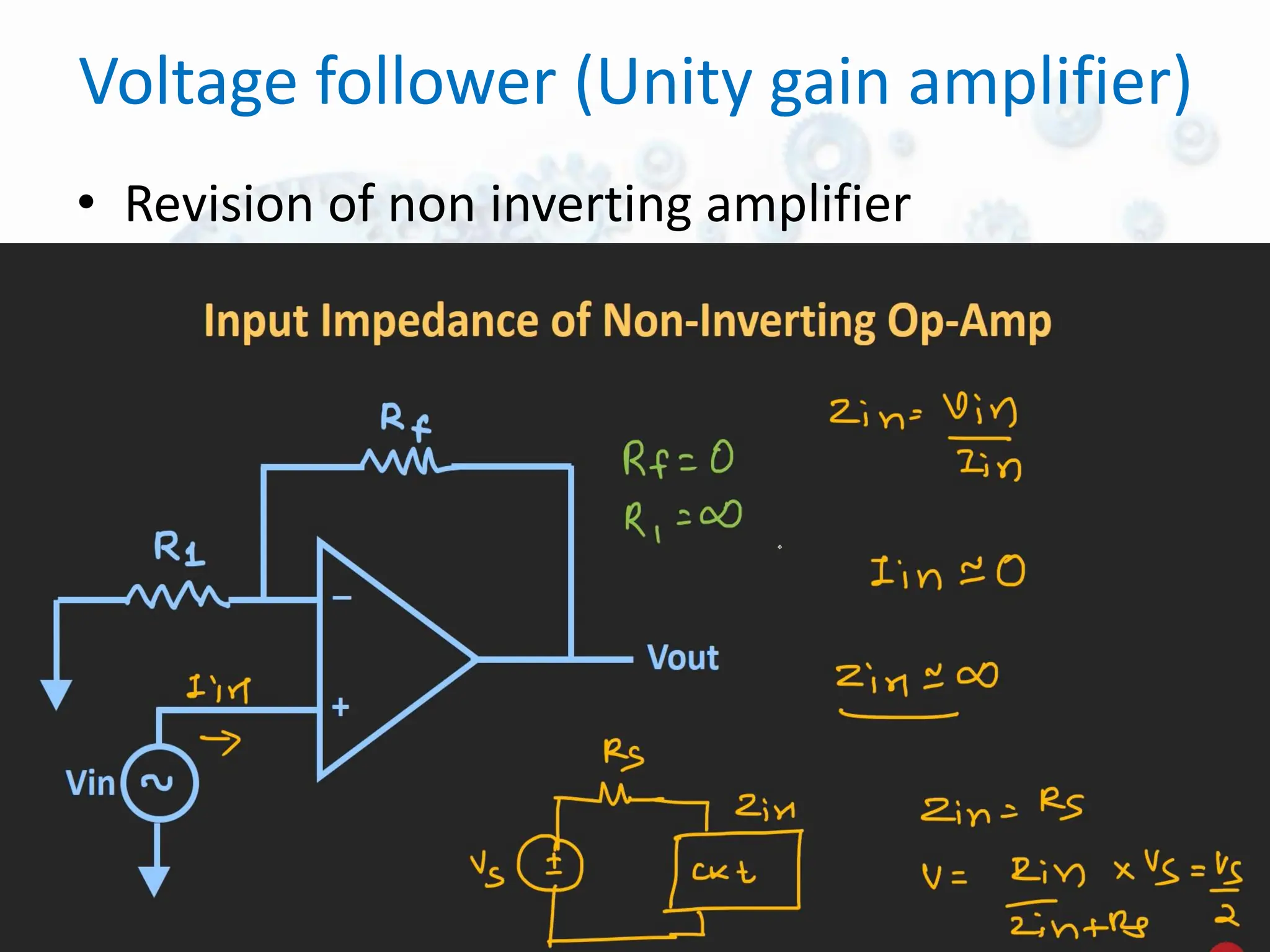 • Revision of non inverting amplifier
Voltage follower (Unity gain amplifier)
 