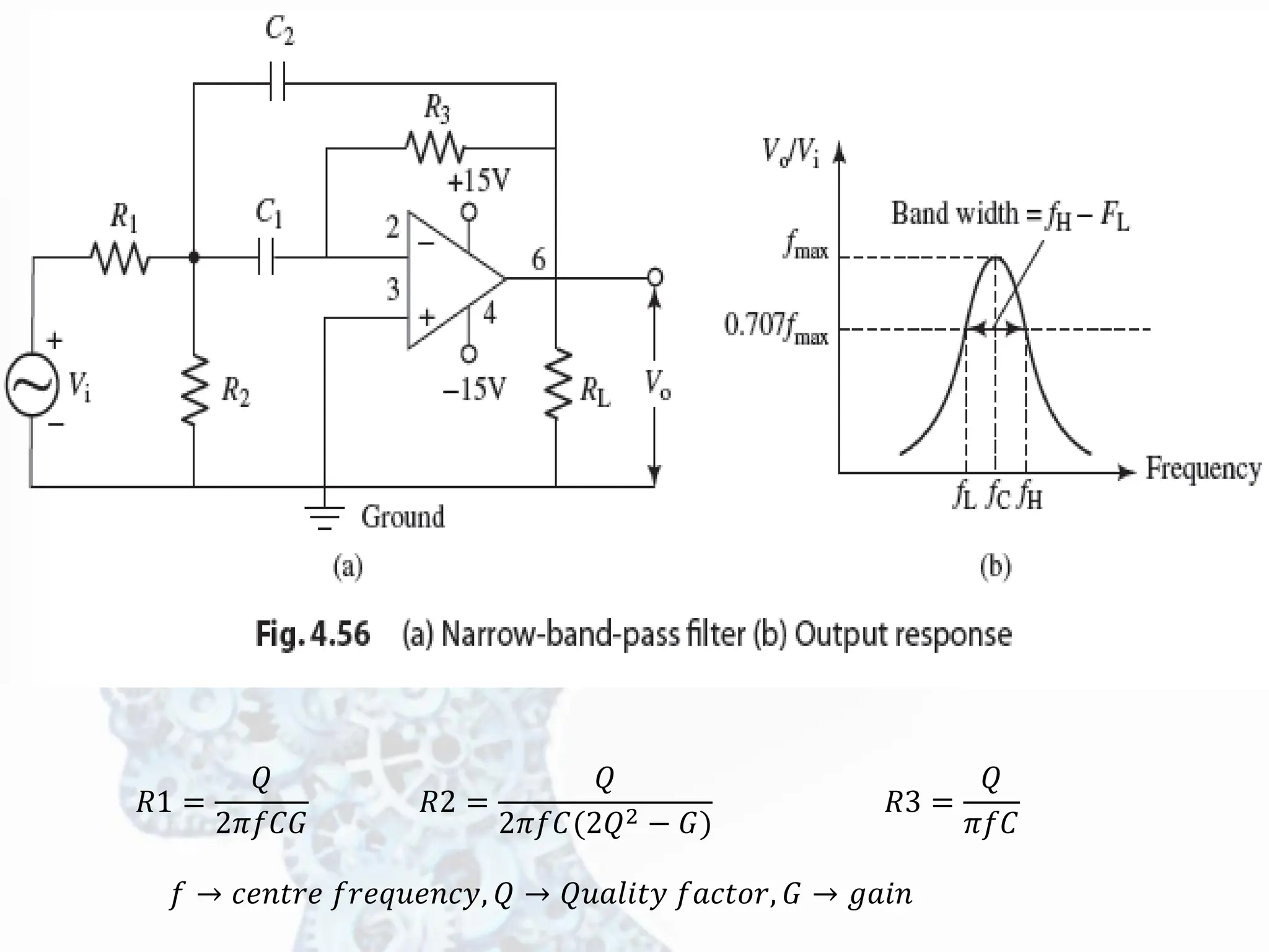 𝑅1 =
𝑄
2𝜋𝑓𝐶𝐺
𝑅2 =
𝑄
2𝜋𝑓𝐶(2𝑄2 − 𝐺)
𝑅3 =
𝑄
𝜋𝑓𝐶
𝑓 → 𝑐𝑒𝑛𝑡𝑟𝑒 𝑓𝑟𝑒𝑞𝑢𝑒𝑛𝑐𝑦, 𝑄 → 𝑄𝑢𝑎𝑙𝑖𝑡𝑦 𝑓𝑎𝑐𝑡𝑜𝑟, 𝐺 → 𝑔𝑎𝑖𝑛
 