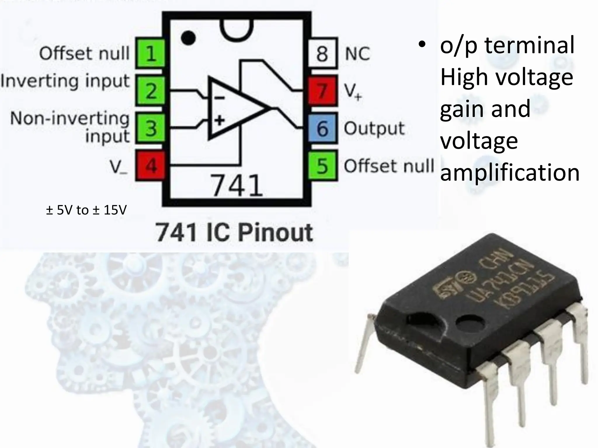 ± 5V to ± 15V
• o/p terminal
High voltage
gain and
voltage
amplification
 
