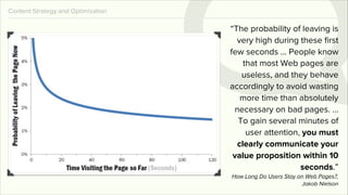 Content Strategy and Optimization

                                    “The probability of leaving is
                                      very high during these ﬁrst
                                    few seconds ... People know
                                        that most Web pages are
                                       useless, and they behave
                                    accordingly to avoid wasting
                                       more time than absolutely
                                     necessary on bad pages. ...
                                      To gain several minutes of
                                         user attention, you must
                                      clearly communicate your
                                     value proposition within 10
                                                        seconds.”
                                    How Long Do Users Stay on Web Pages?,
                                                            Jakob Nielson
 