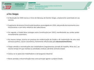 SOCIOLOGIA
em mOVImeNTO
DVD do professor
ANOTAçõeS em Au LA
Unidade 3
Capítulo 6
Relações de poder e movimentos sociais: a luta pelos direitos
na sociedade contemporânea
Poder, política e estado 10
a Era Vargas
• A Revolução de 1930 marcou o início da liderança de Getúlio Vargas, amplamente sustentada em seu
carisma.
• Surgimento da terceira Constituição brasileira, promulgada em 1934, sob pressão do movimento cons-
titucionalista e com forte influência dos cafeicultores.
• Em seguida, o Estado Novo outorgou outra Constituição (em 1937), manifestando seu caráter predo-
minantemente autoritário.
• Ao mesmo tempo, ocorria um processo de modernização do Estado e de implantação de uma nova
estrutura política, social e econômica, fortemente influenciada pelo desenvolvimentismo.
• Vargas atendeu a reivindicações dos trabalhadores (regulamentou jornada de trabalho, férias etc.), ao
mesmo tempo em que manteve as atividades sindicais sob forte controle estatal.
• Calcou-se no apoio dos trabalhadores e da burguesia industrial.
• Neste período a industrialização teve como principal agente o próprio Estado.
 