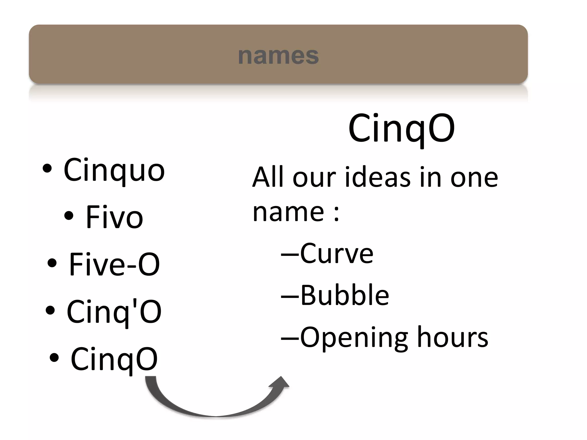 names

                   CinqO
• Cinquo   All our ideas in one
  • Fivo   name :
• Five-O     –Curve
             –Bubble
• Cinq'O
             –Opening hours
 • CinqO
 