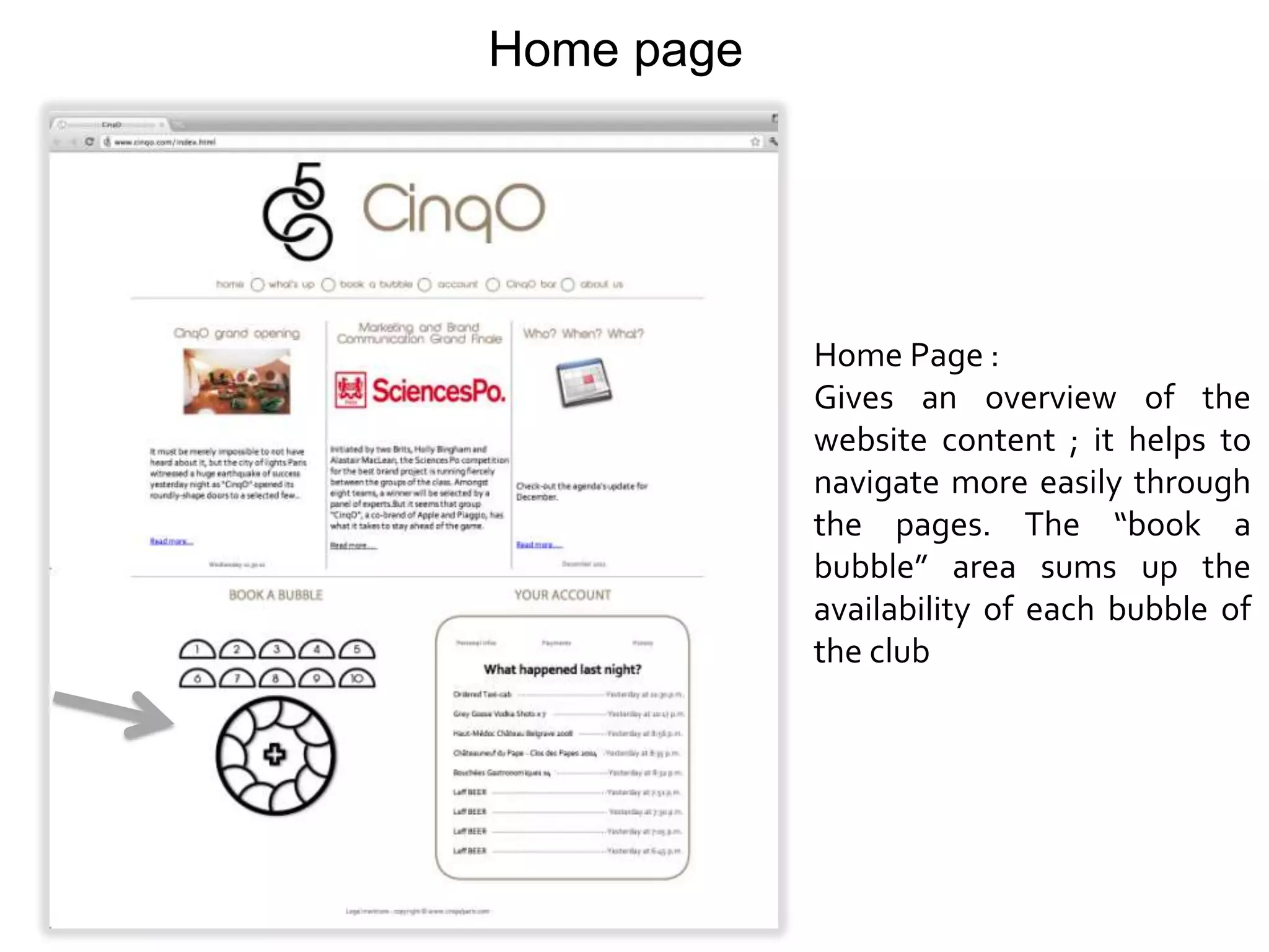 Home page




            Home Page :
            Gives an overview of the
            website content ; it helps to
            navigate more easily through
            the pages. The “book a
            bubble” area sums up the
            availability of each bubble of
            the club
 