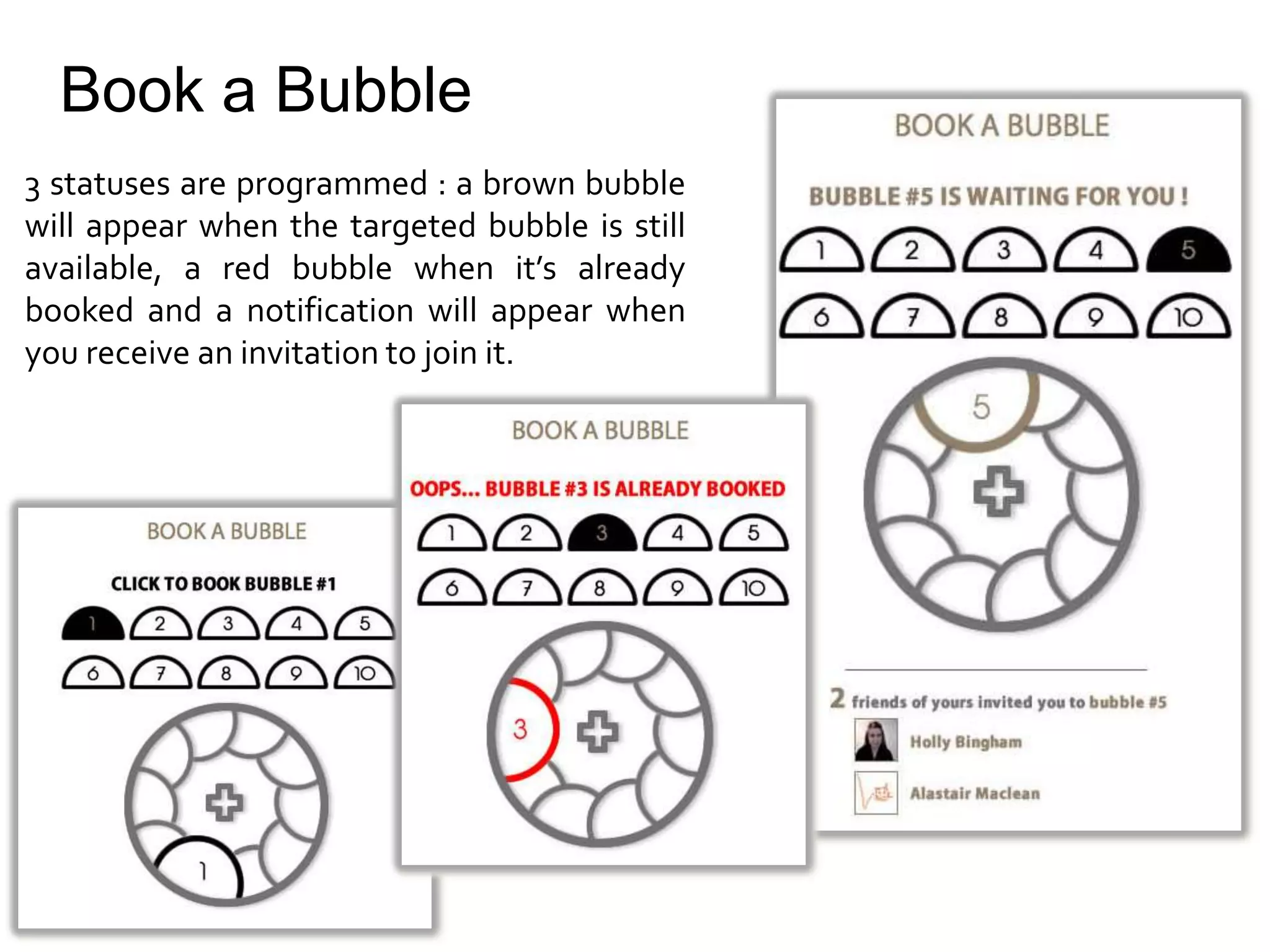 Book a Bubble
3 statuses are programmed : a brown bubble
will appear when the targeted bubble is still
available, a red bubble when it’s already
booked and a notification will appear when
you receive an invitation to join it.
 